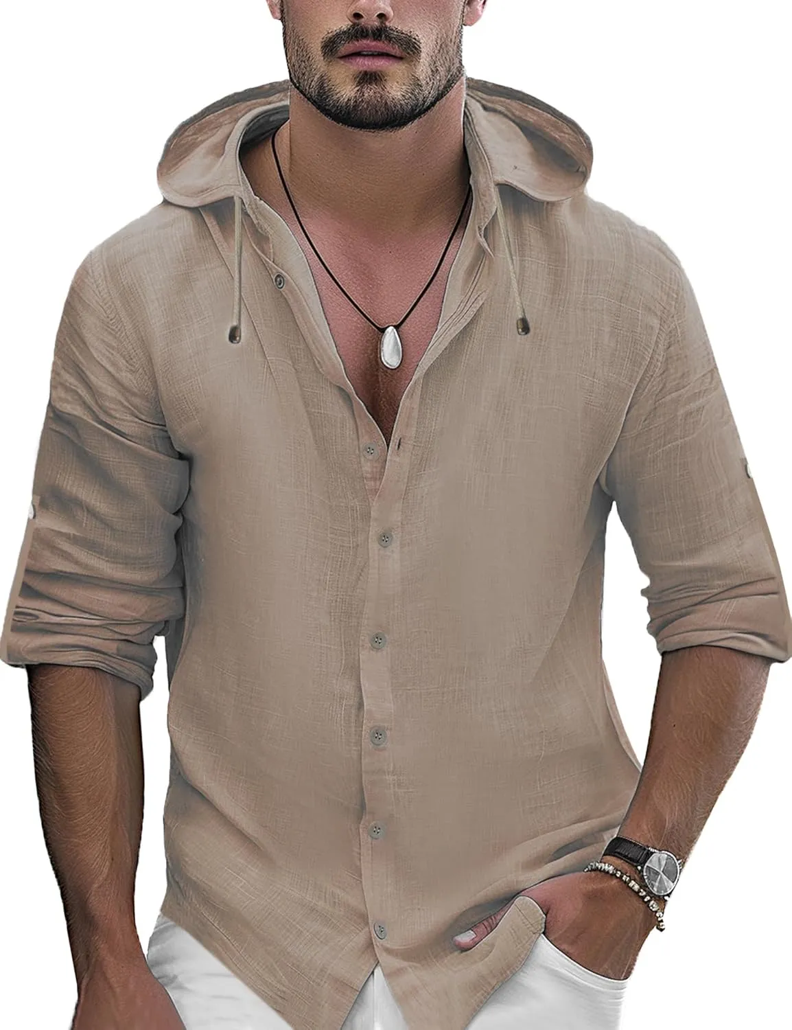 Mens Linen Shirts Casual Button Down Shirts Long Sleeve Roll-Up Sleeve Summer Beach Shirts Tops with Hood