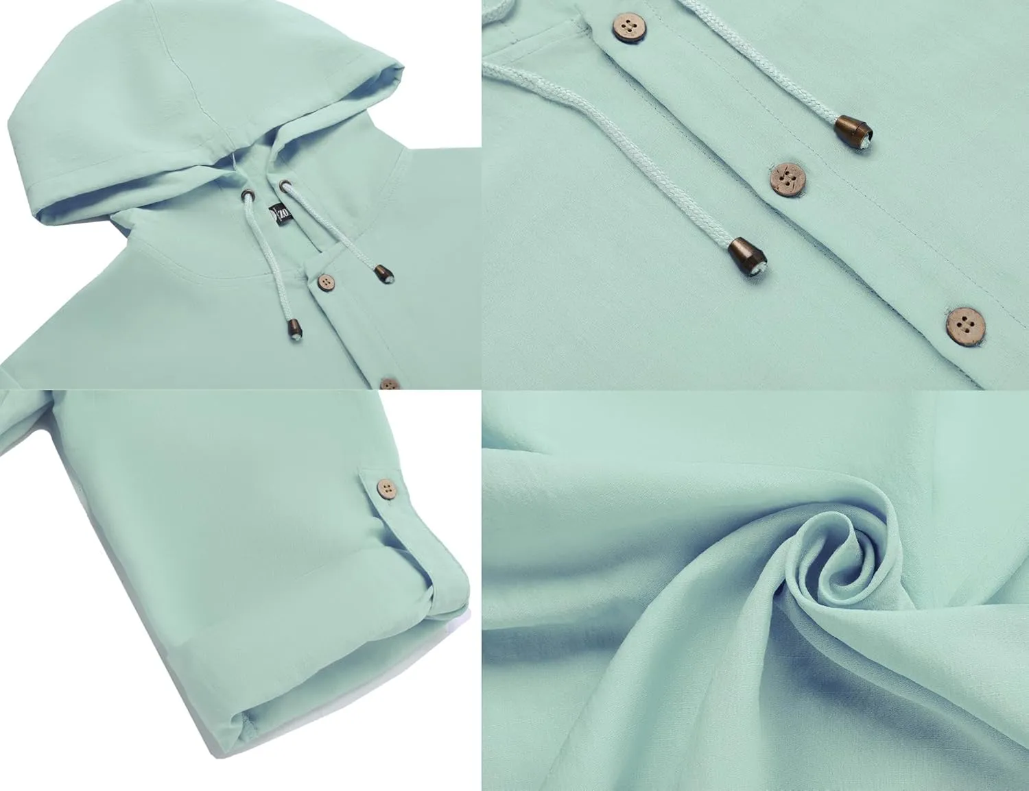 Mens Linen Shirts Casual Button Down Shirts Long Sleeve Roll-Up Sleeve Summer Beach Shirts Tops with Hood
