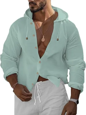 Mens Linen Shirts Casual Button Down Shirts Long Sleeve Roll-Up Sleeve Summer Beach Shirts Tops with Hood