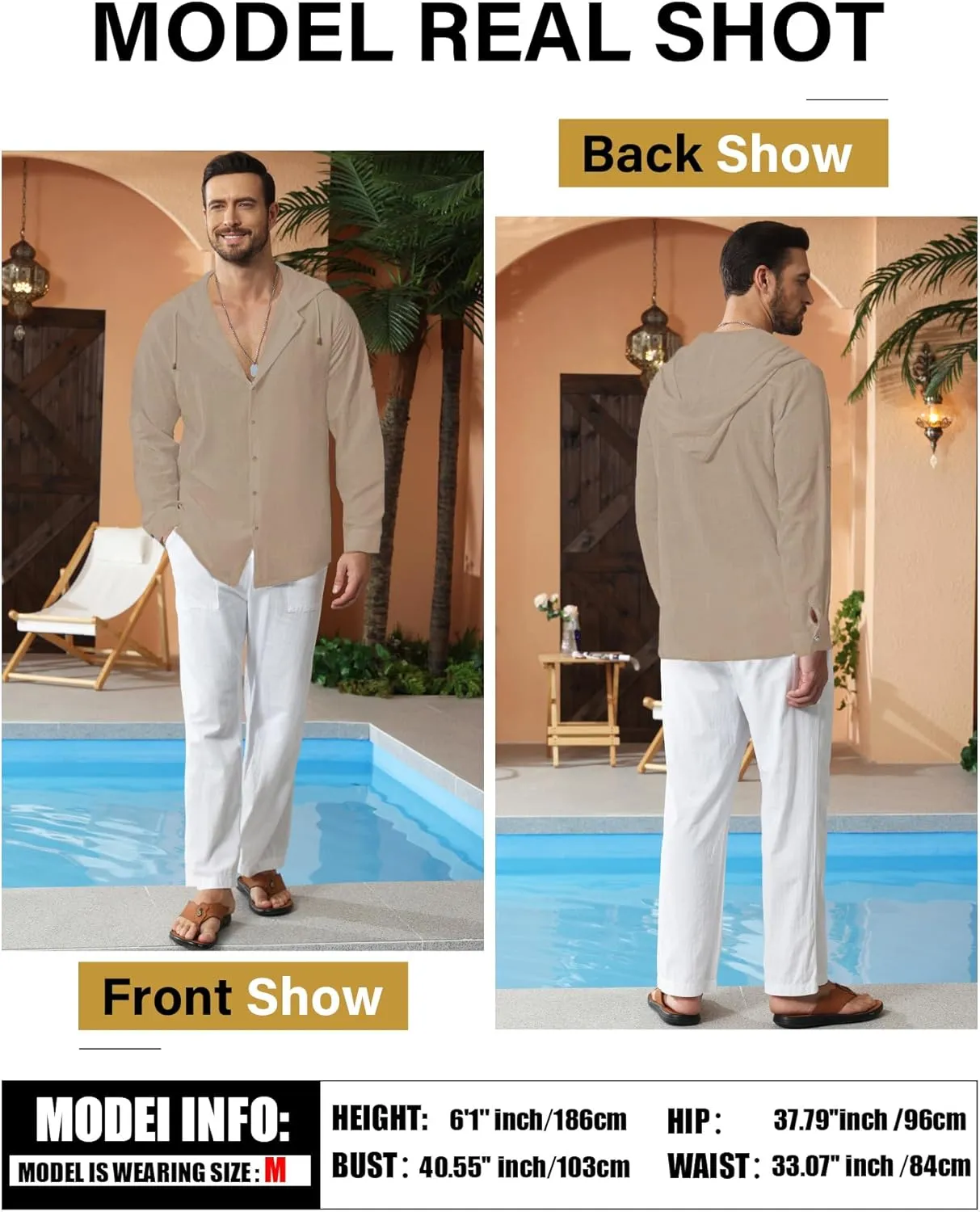 Mens Linen Shirts Casual Button Down Shirts Long Sleeve Roll-Up Sleeve Summer Beach Shirts Tops with Hood