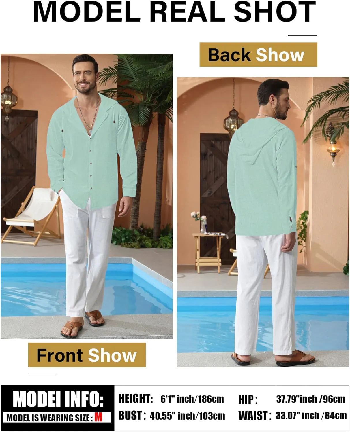 Mens Linen Shirts Casual Button Down Shirts Long Sleeve Roll-Up Sleeve Summer Beach Shirts Tops with Hood