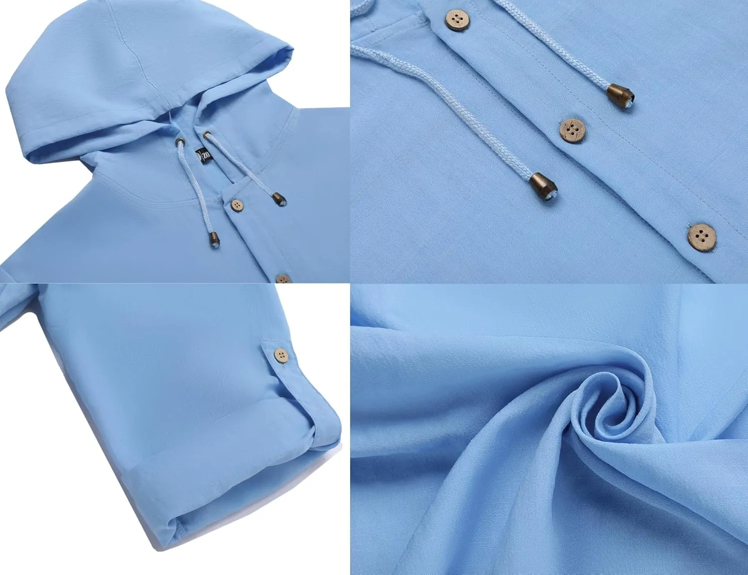 Mens Linen Shirts Casual Button Down Shirts Long Sleeve Roll-Up Sleeve Summer Beach Shirts Tops with Hood