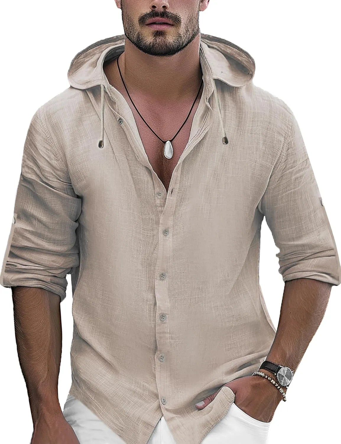 Mens Linen Shirts Casual Button Down Shirts Long Sleeve Roll-Up Sleeve Summer Beach Shirts Tops with Hood