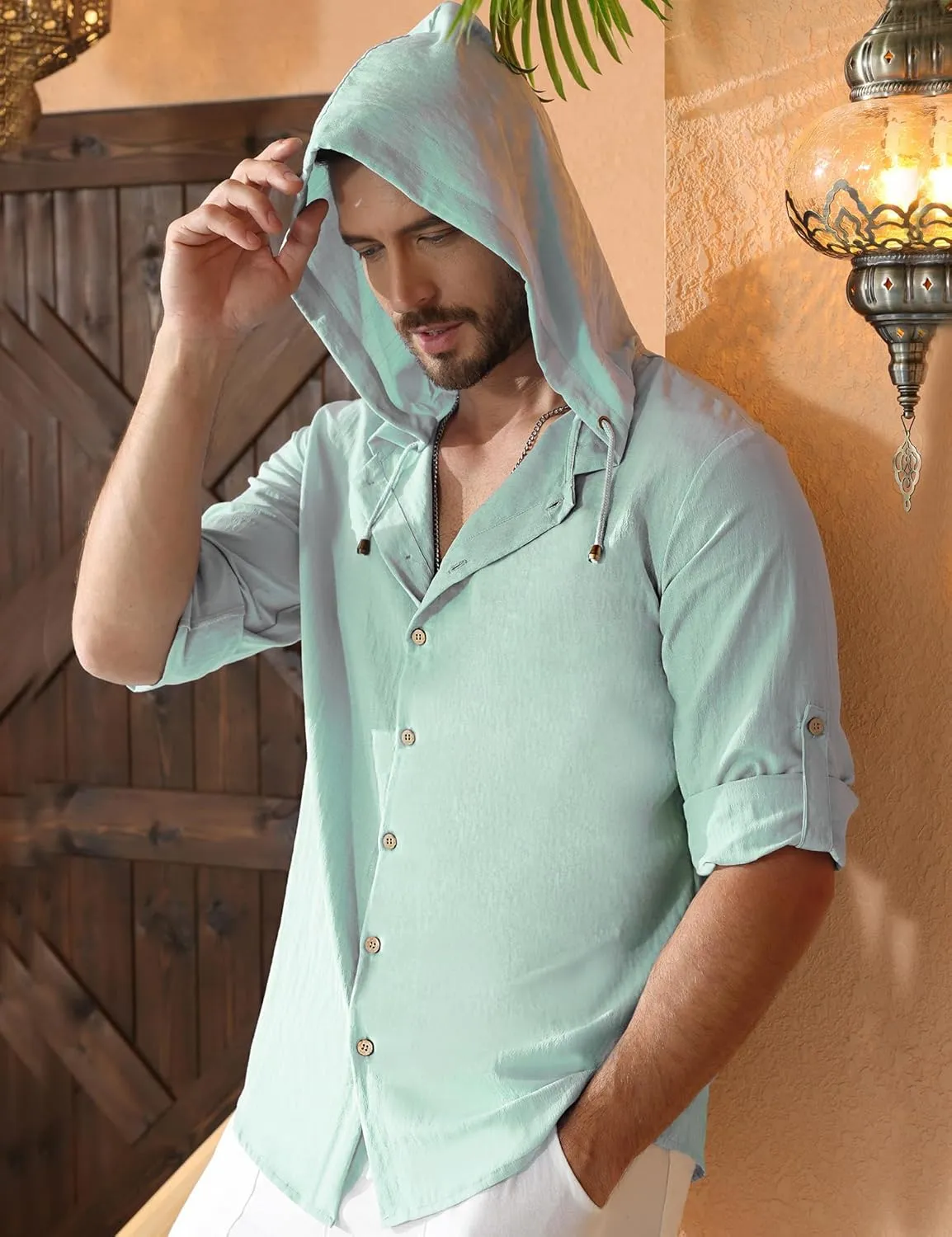 Mens Linen Shirts Casual Button Down Shirts Long Sleeve Roll-Up Sleeve Summer Beach Shirts Tops with Hood