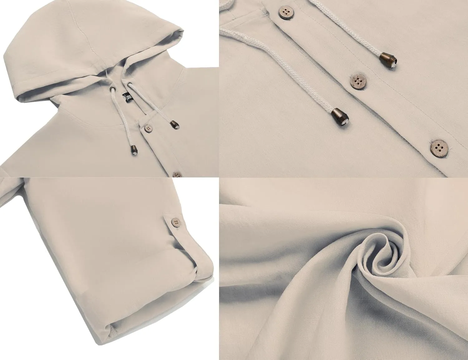 Mens Linen Shirts Casual Button Down Shirts Long Sleeve Roll-Up Sleeve Summer Beach Shirts Tops with Hood