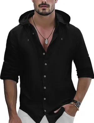 Mens Linen Shirts Casual Button Down Shirts Long Sleeve Roll-Up Sleeve Summer Beach Shirts Tops with Hood