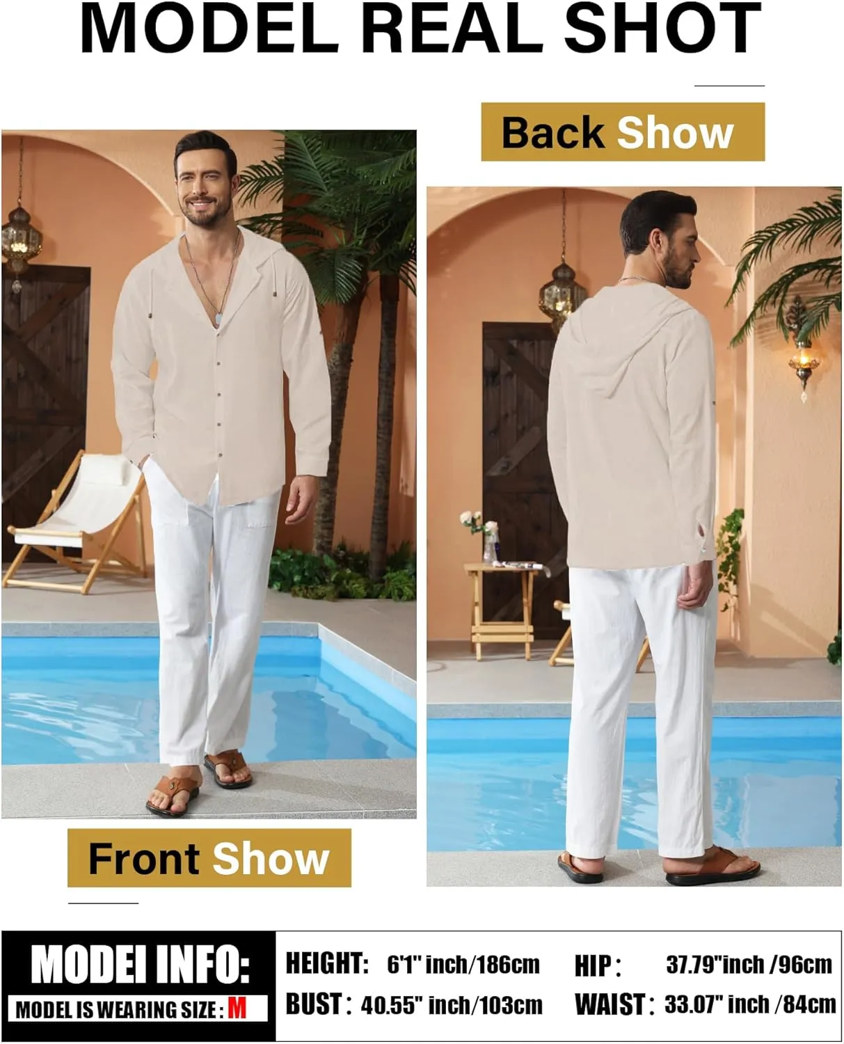 Mens Linen Shirts Casual Button Down Shirts Long Sleeve Roll-Up Sleeve Summer Beach Shirts Tops with Hood