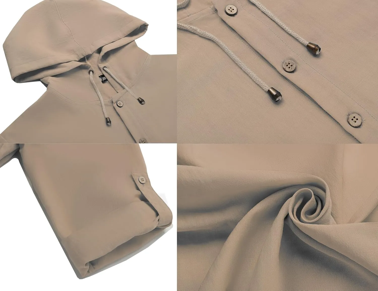 Mens Linen Shirts Casual Button Down Shirts Long Sleeve Roll-Up Sleeve Summer Beach Shirts Tops with Hood