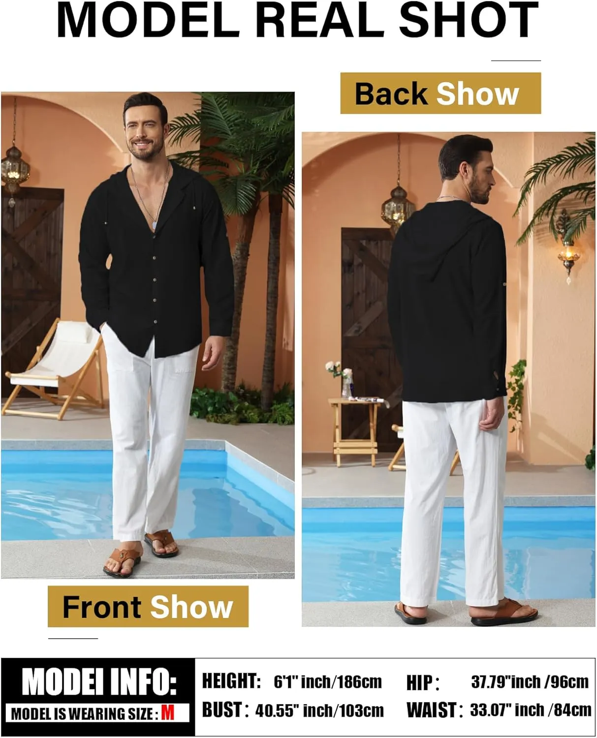 Mens Linen Shirts Casual Button Down Shirts Long Sleeve Roll-Up Sleeve Summer Beach Shirts Tops with Hood