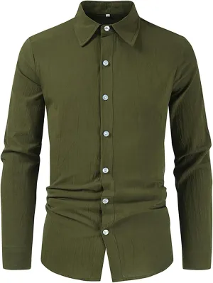 Mens Linen Shirts Long Sleeve Button Down Linen Beach Shirts Casual Loose Fit Summer Collared Shirts Linen Tops