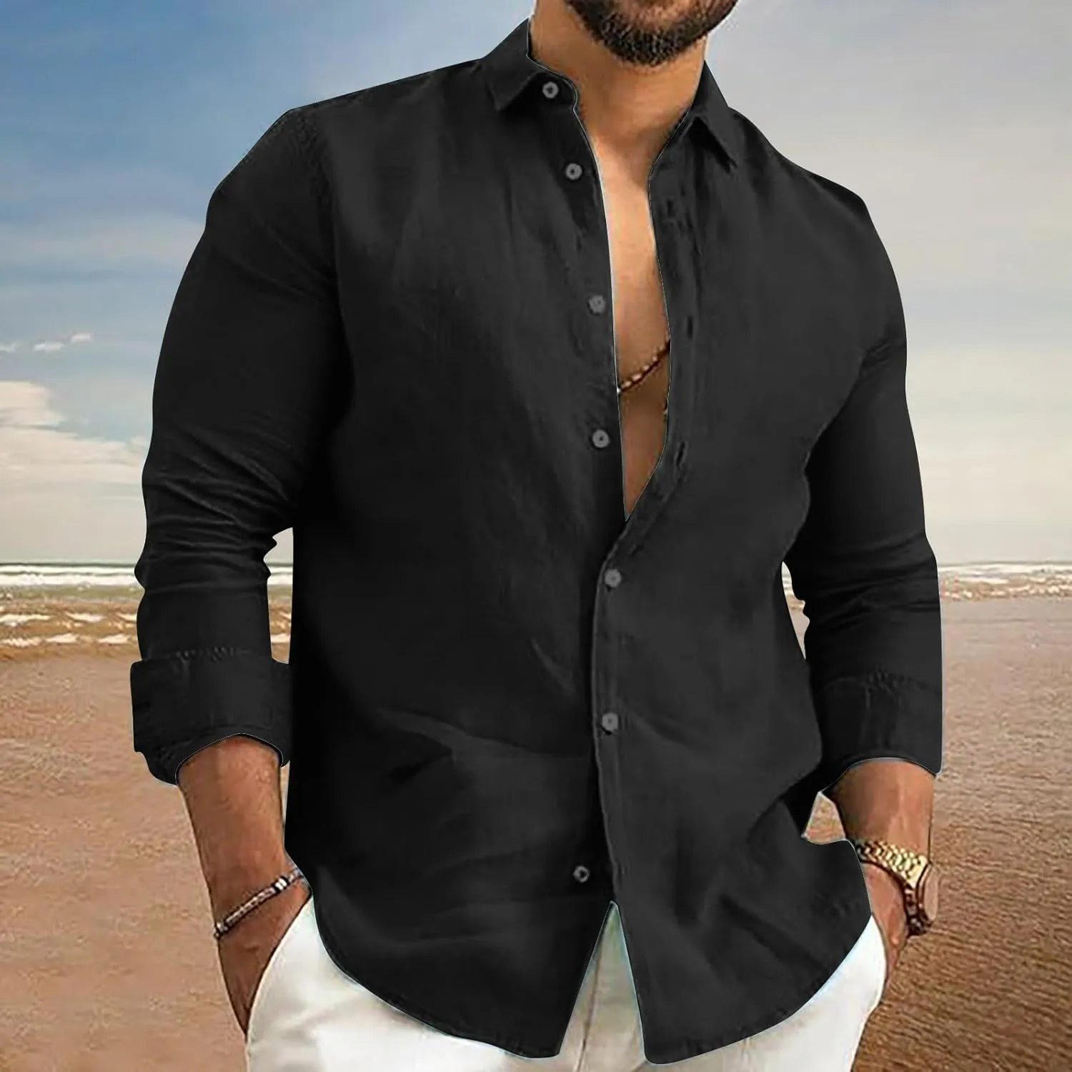 Men's Linen Shirts Slim Fit Long Sleeve Beach Hawaiian Shirts Business Casual Collared Button Down Work Shirts