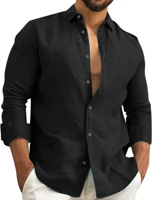 Men's Linen Shirts Slim Fit Long Sleeve Beach Hawaiian Shirts Business Casual Collared Button Down Work Shirts