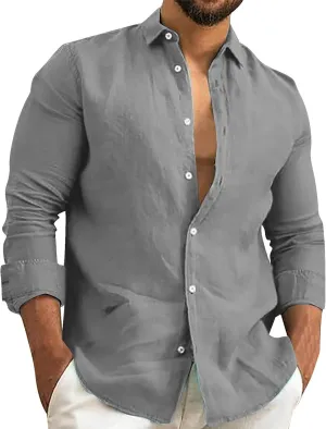 Men's Linen Shirts Slim Fit Long Sleeve Beach Hawaiian Shirts Business Casual Collared Button Down Work Shirts