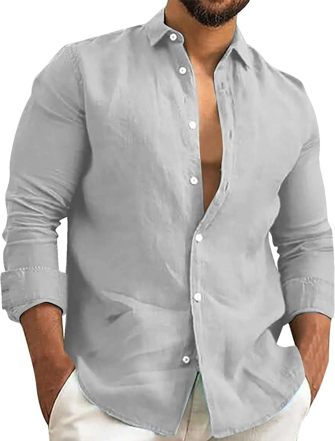 Men's Linen Shirts Slim Fit Long Sleeve Beach Hawaiian Shirts Business Casual Collared Button Down Work Shirts