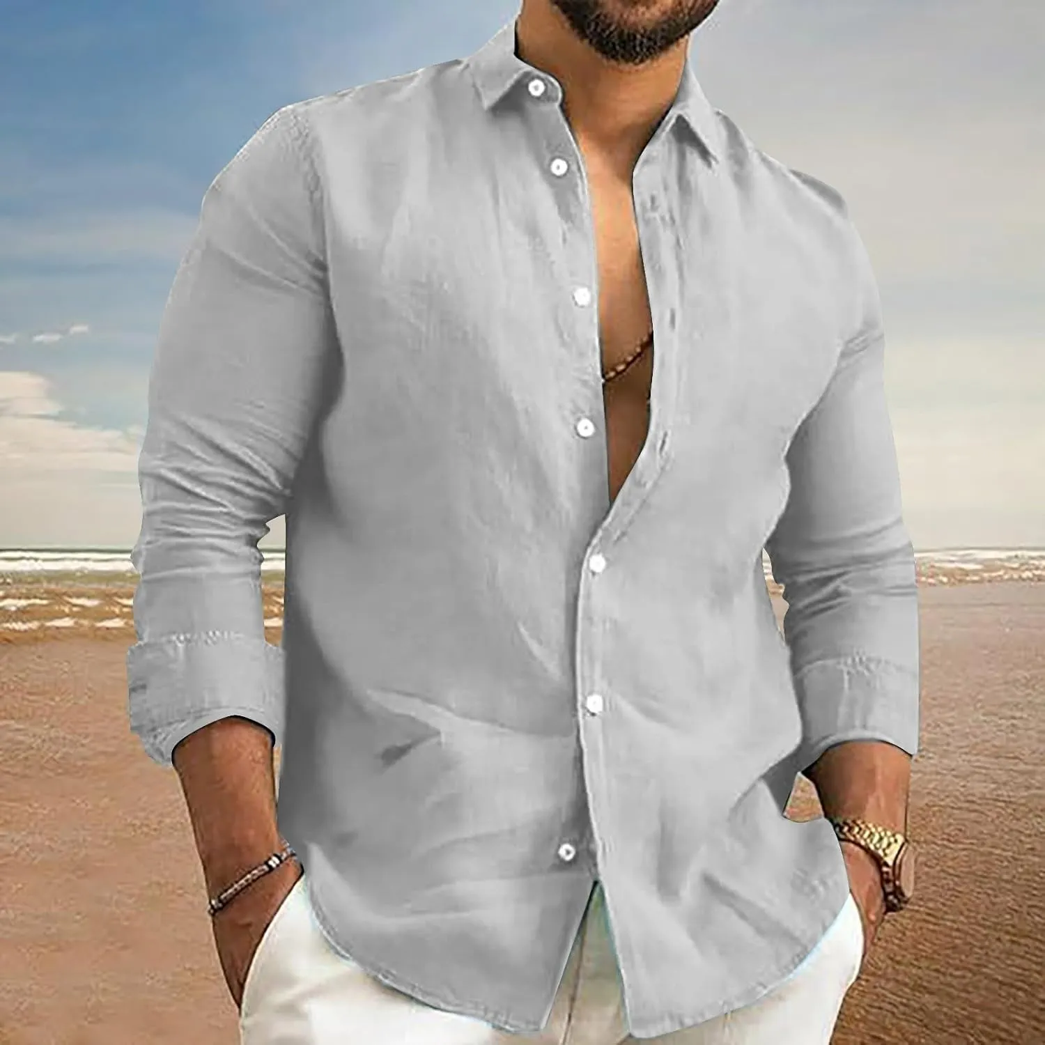 Men's Linen Shirts Slim Fit Long Sleeve Beach Hawaiian Shirts Business Casual Collared Button Down Work Shirts