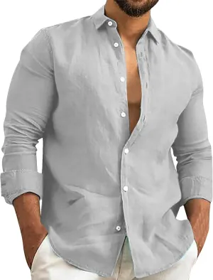 Men's Linen Shirts Slim Fit Long Sleeve Beach Hawaiian Shirts Business Casual Collared Button Down Work Shirts