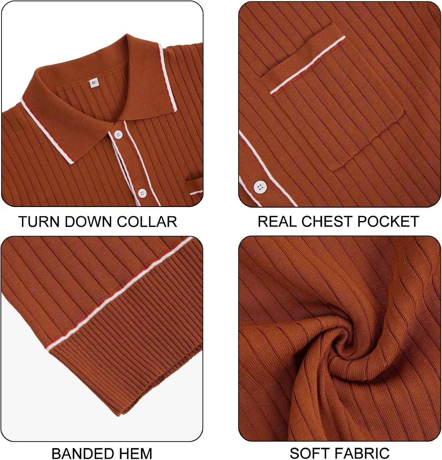 Mens Long Sleeve Button Down Shirts Knit Slim Collared Shirts Casual Vintage Business Golf Shirts with Pocket