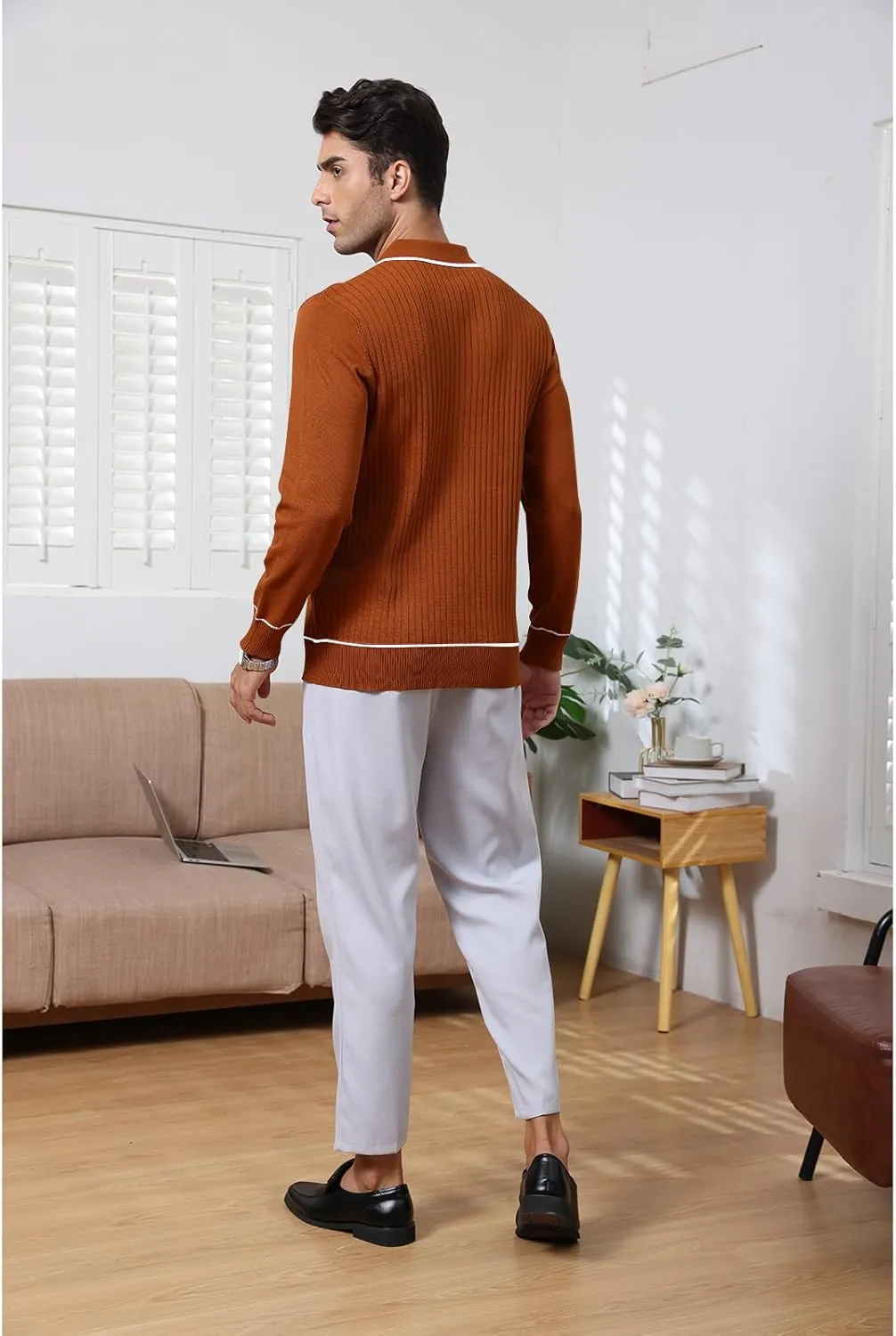 Mens Long Sleeve Button Down Shirts Knit Slim Collared Shirts Casual Vintage Business Golf Shirts with Pocket