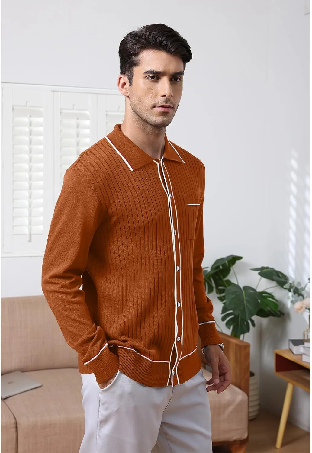 Mens Long Sleeve Button Down Shirts Knit Slim Collared Shirts Casual Vintage Business Golf Shirts with Pocket