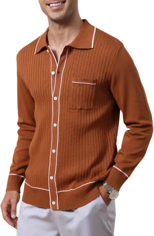 Mens Long Sleeve Button Down Shirts Knit Slim Collared Shirts Casual Vintage Business Golf Shirts with Pocket