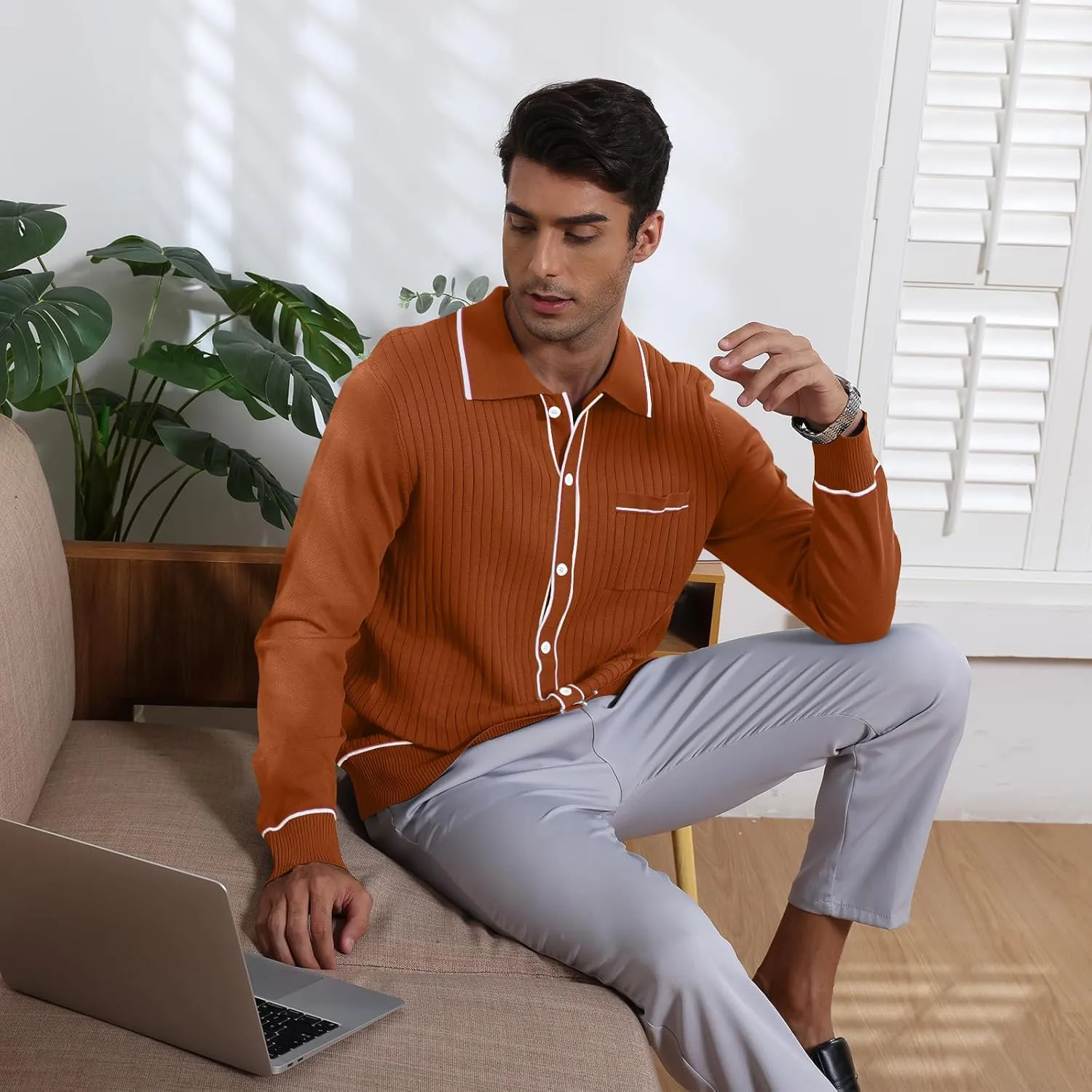 Mens Long Sleeve Button Down Shirts Knit Slim Collared Shirts Casual Vintage Business Golf Shirts with Pocket