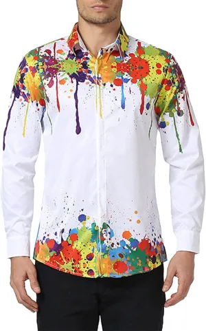 Mens Tie-Dye T-Shirts Colorful Rainbow Dress Shirts Floral Slim Fit Long Sleeve Casual Button Down Poplin Shirts