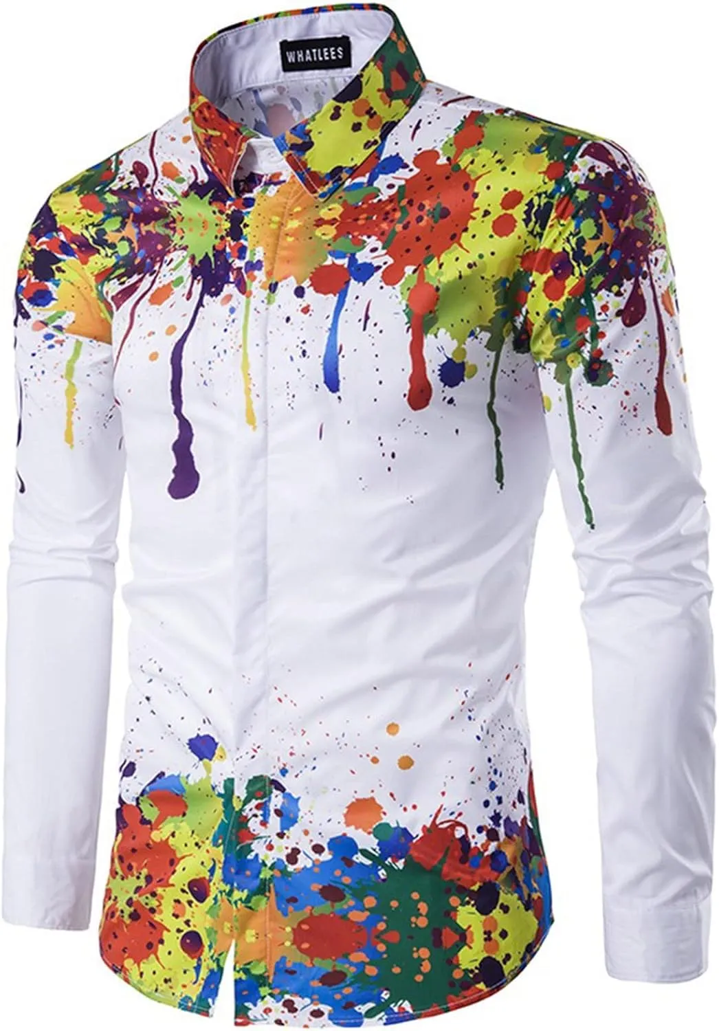 Mens Tie-Dye T-Shirts Colorful Rainbow Dress Shirts Floral Slim Fit Long Sleeve Casual Button Down Poplin Shirts