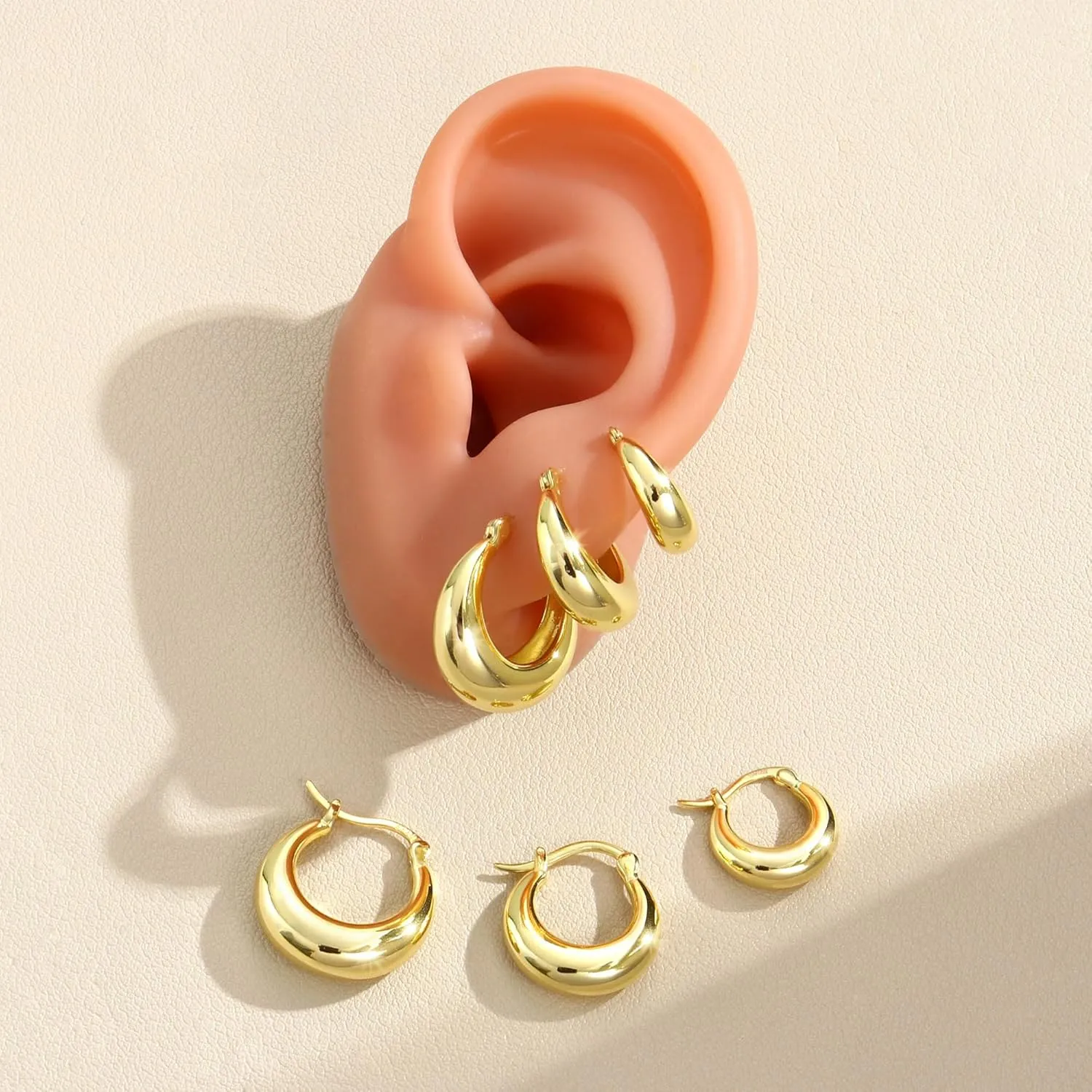 MILACOLATO Gold Hoop Earrings Set for Women 14K Gold Filled Sterling Silver Posts Small Chunky Hoop Earrings Hypoallergenic Trendy Gold Huggie Earrings Stacks 3Pairs