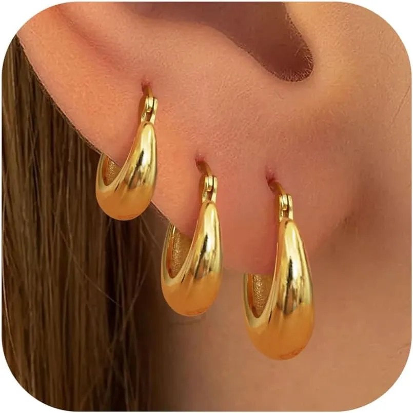MILACOLATO Gold Hoop Earrings Set for Women 14K Gold Filled Sterling Silver Posts Small Chunky Hoop Earrings Hypoallergenic Trendy Gold Huggie Earrings Stacks 3Pairs