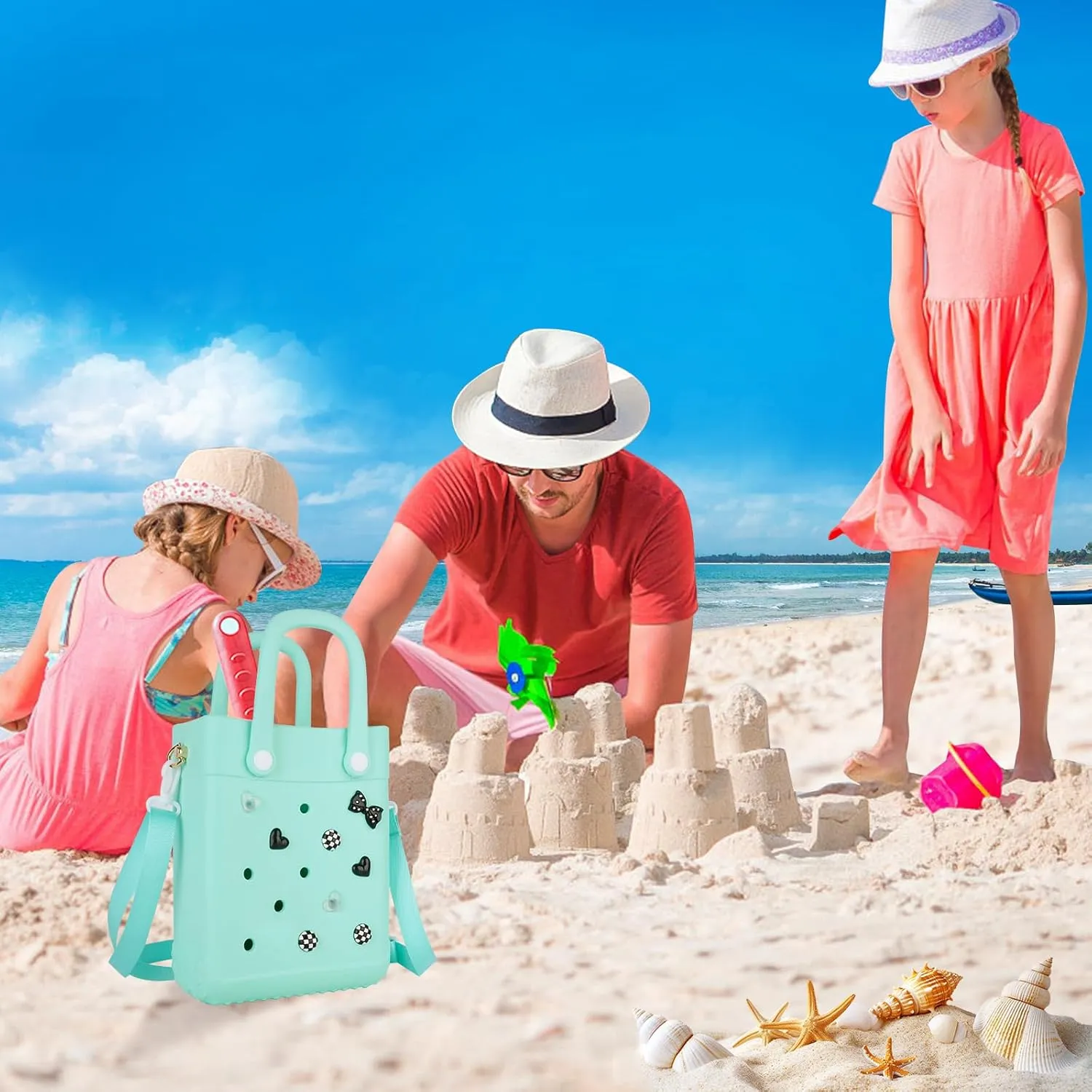 Mini Beach Rubber Tote Bag - Small Waterproof Bitty Washable Handbag with Charms for Women