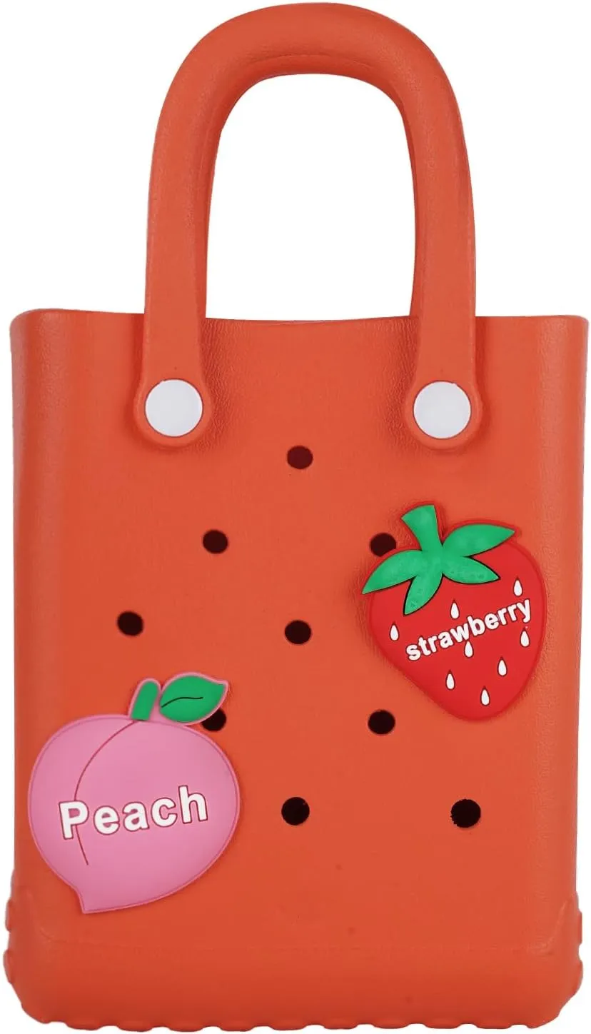 Mini Beach Rubber Tote Bag - Small Waterproof Bitty Washable Handbag with Charms for Women