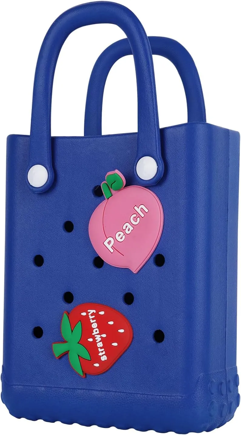 Mini Beach Rubber Tote Bag - Small Waterproof Bitty Washable Handbag with Charms for Women