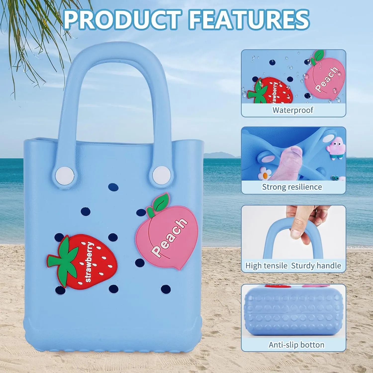 Mini Beach Rubber Tote Bag - Small Waterproof Bitty Washable Handbag with Charms for Women