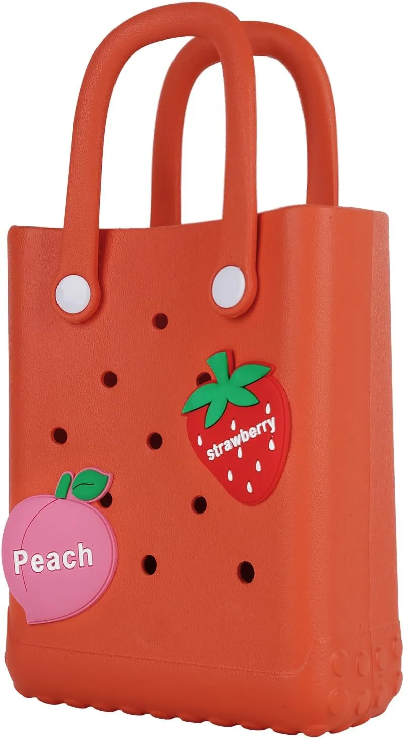 Mini Beach Rubber Tote Bag - Small Waterproof Bitty Washable Handbag with Charms for Women