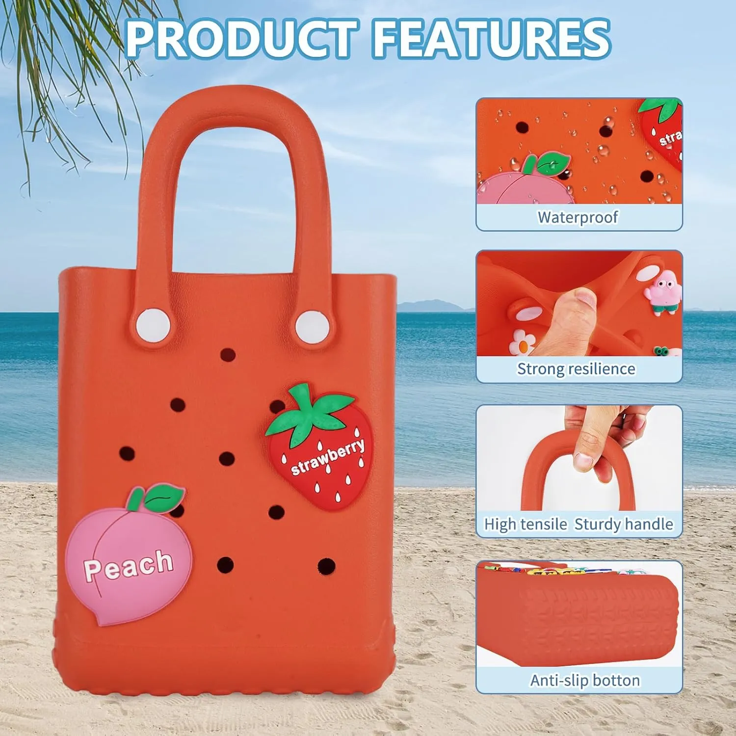 Mini Beach Rubber Tote Bag - Small Waterproof Bitty Washable Handbag with Charms for Women