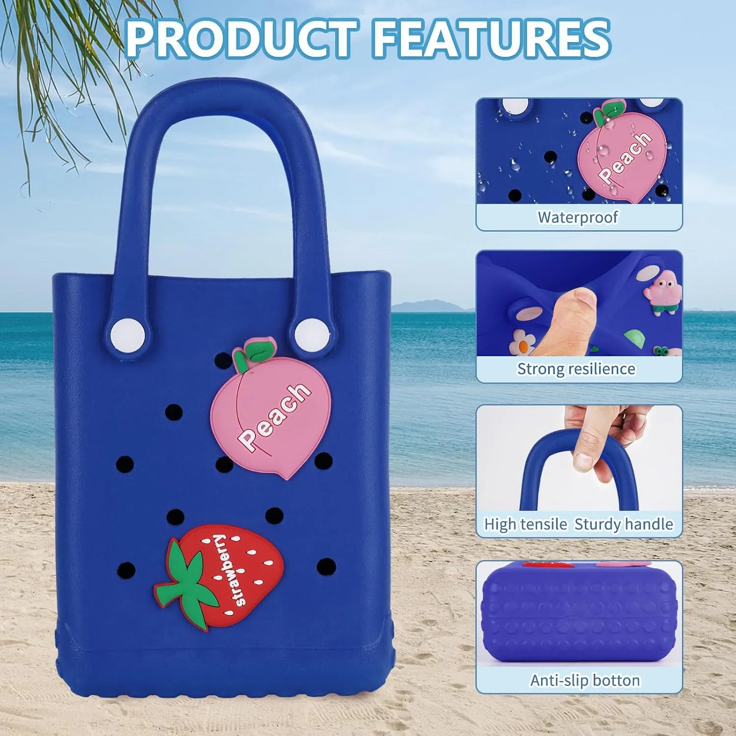 Mini Beach Rubber Tote Bag - Small Waterproof Bitty Washable Handbag with Charms for Women