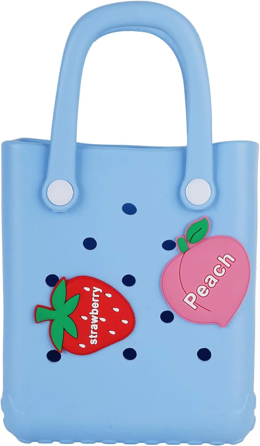 Mini Beach Rubber Tote Bag - Small Waterproof Bitty Washable Handbag with Charms for Women