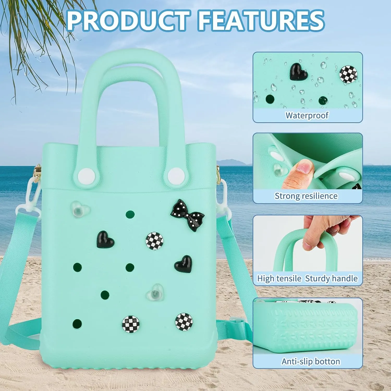 Mini Beach Rubber Tote Bag - Small Waterproof Bitty Washable Handbag with Charms for Women