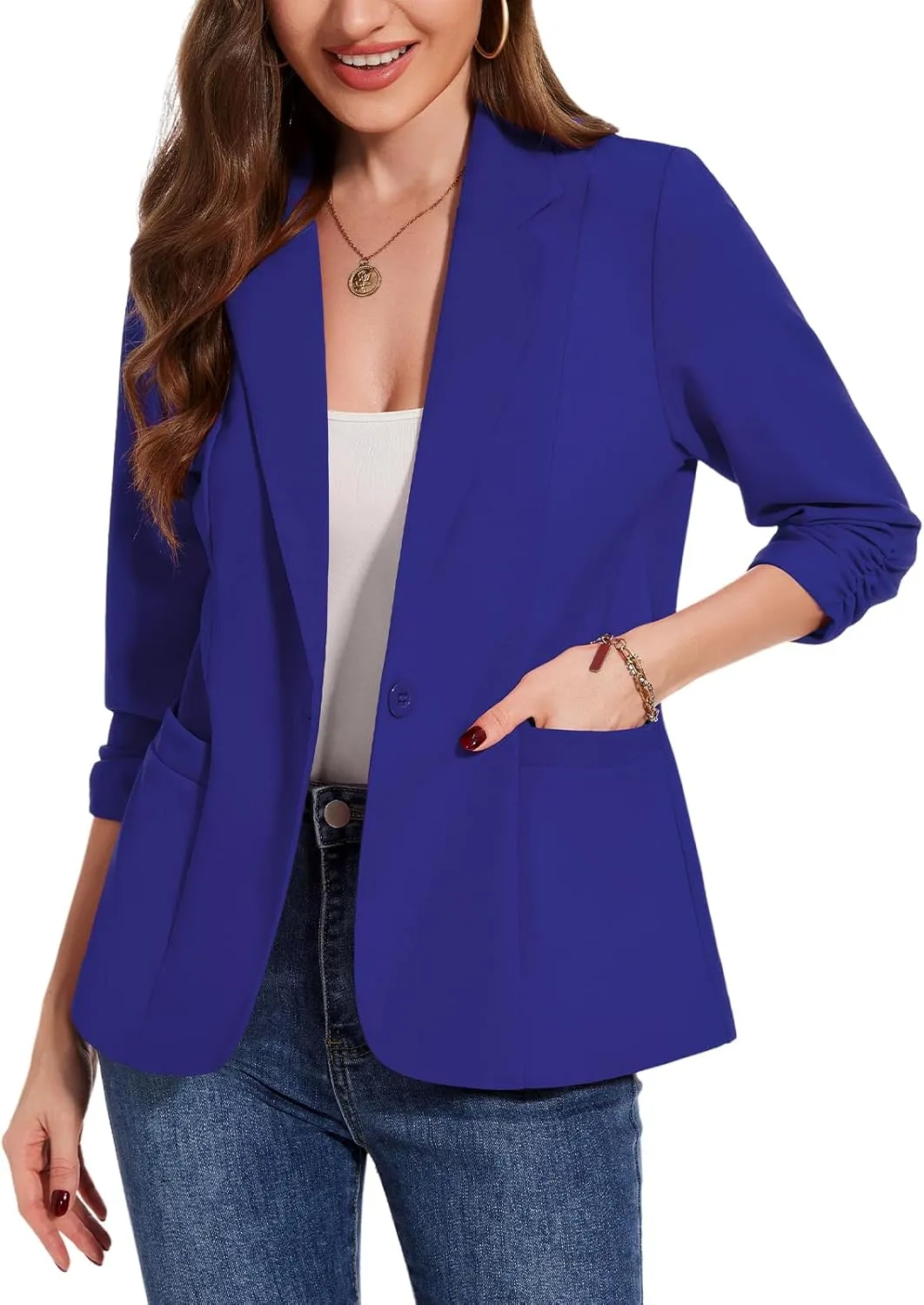 MINTLIMIT Womens Casual Blazers 3/4 Ruched Sleeve One Button Blazer Lapel Collar Business Office Suit Jacket with Pockets