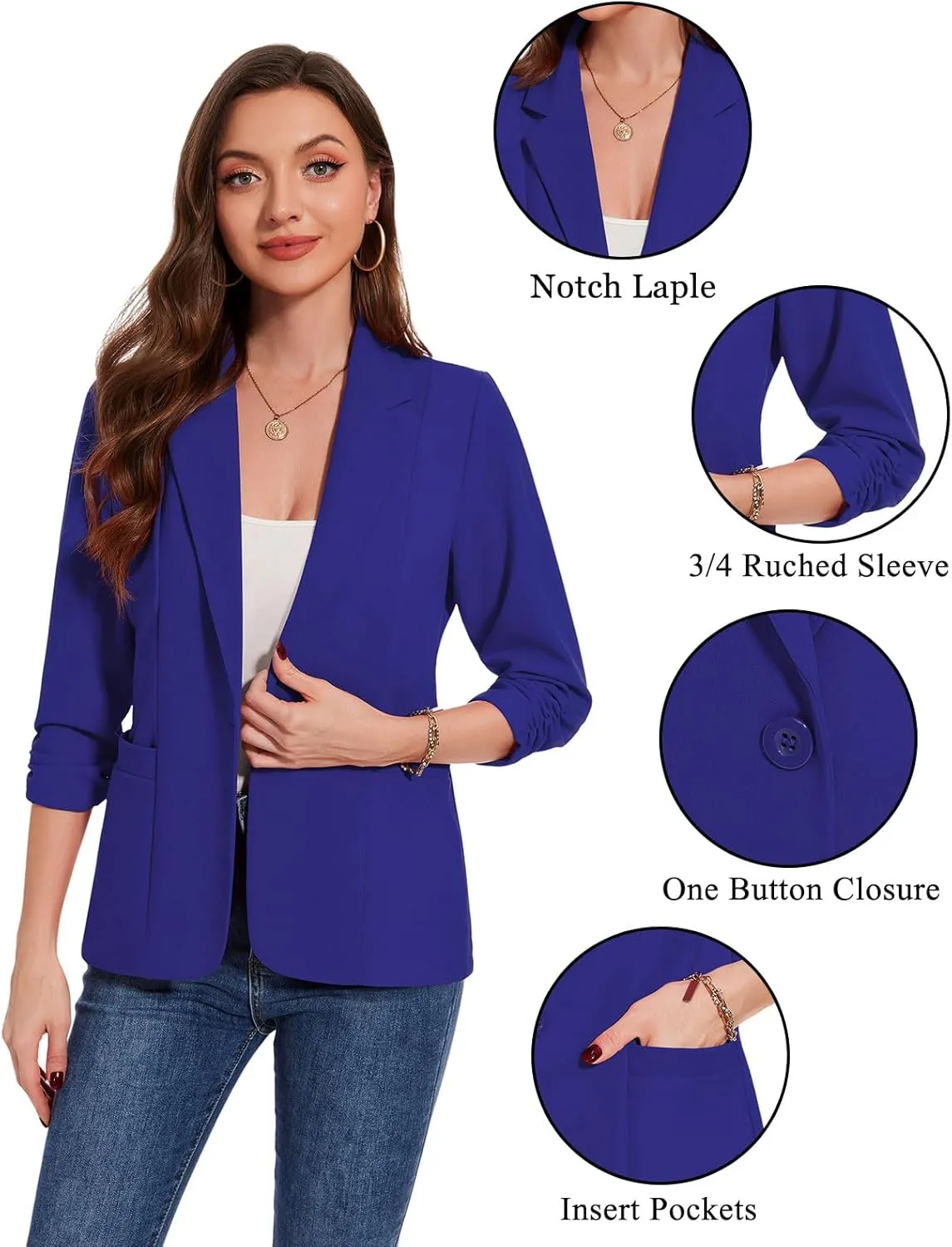 MINTLIMIT Womens Casual Blazers 3/4 Ruched Sleeve One Button Blazer Lapel Collar Business Office Suit Jacket with Pockets