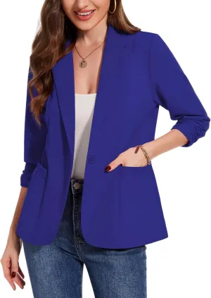 MINTLIMIT Womens Casual Blazers 3/4 Ruched Sleeve One Button Blazer Lapel Collar Business Office Suit Jacket with Pockets