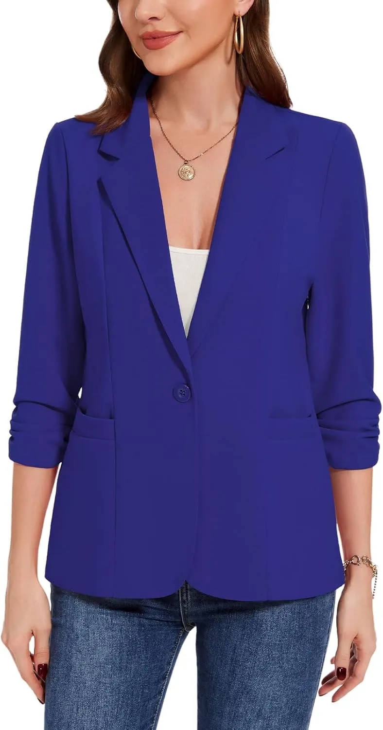 MINTLIMIT Womens Casual Blazers 3/4 Ruched Sleeve One Button Blazer Lapel Collar Business Office Suit Jacket with Pockets