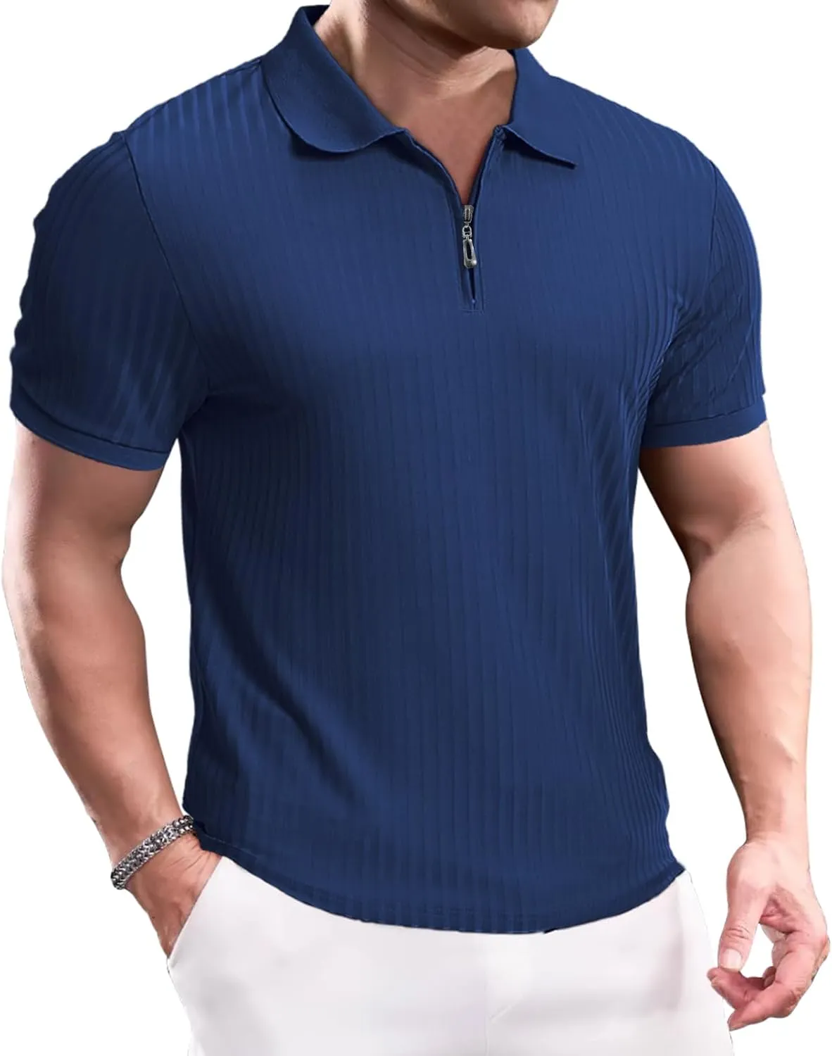Muscle Polo Shirts for Men Slim Fit Textured Knit Polo Shirts Short Sleeve Mens Collared Shirts Casual Stylish