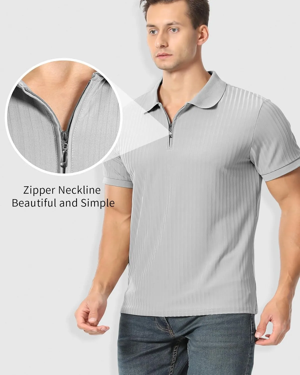 Muscle Polo Shirts for Men Slim Fit Textured Knit Polo Shirts Short Sleeve Mens Collared Shirts Casual Stylish