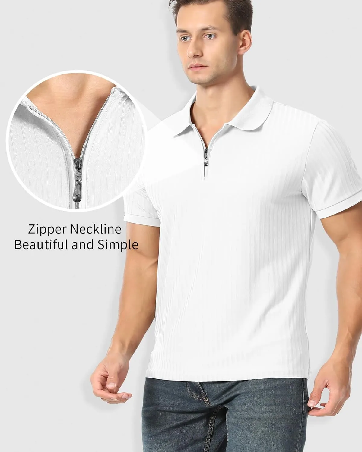Muscle Polo Shirts for Men Slim Fit Textured Knit Polo Shirts Short Sleeve Mens Collared Shirts Casual Stylish
