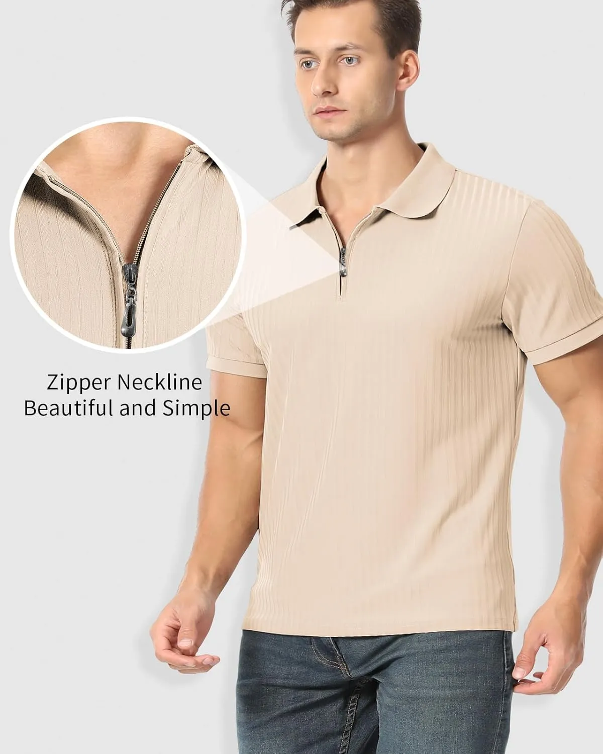 Muscle Polo Shirts for Men Slim Fit Textured Knit Polo Shirts Short Sleeve Mens Collared Shirts Casual Stylish