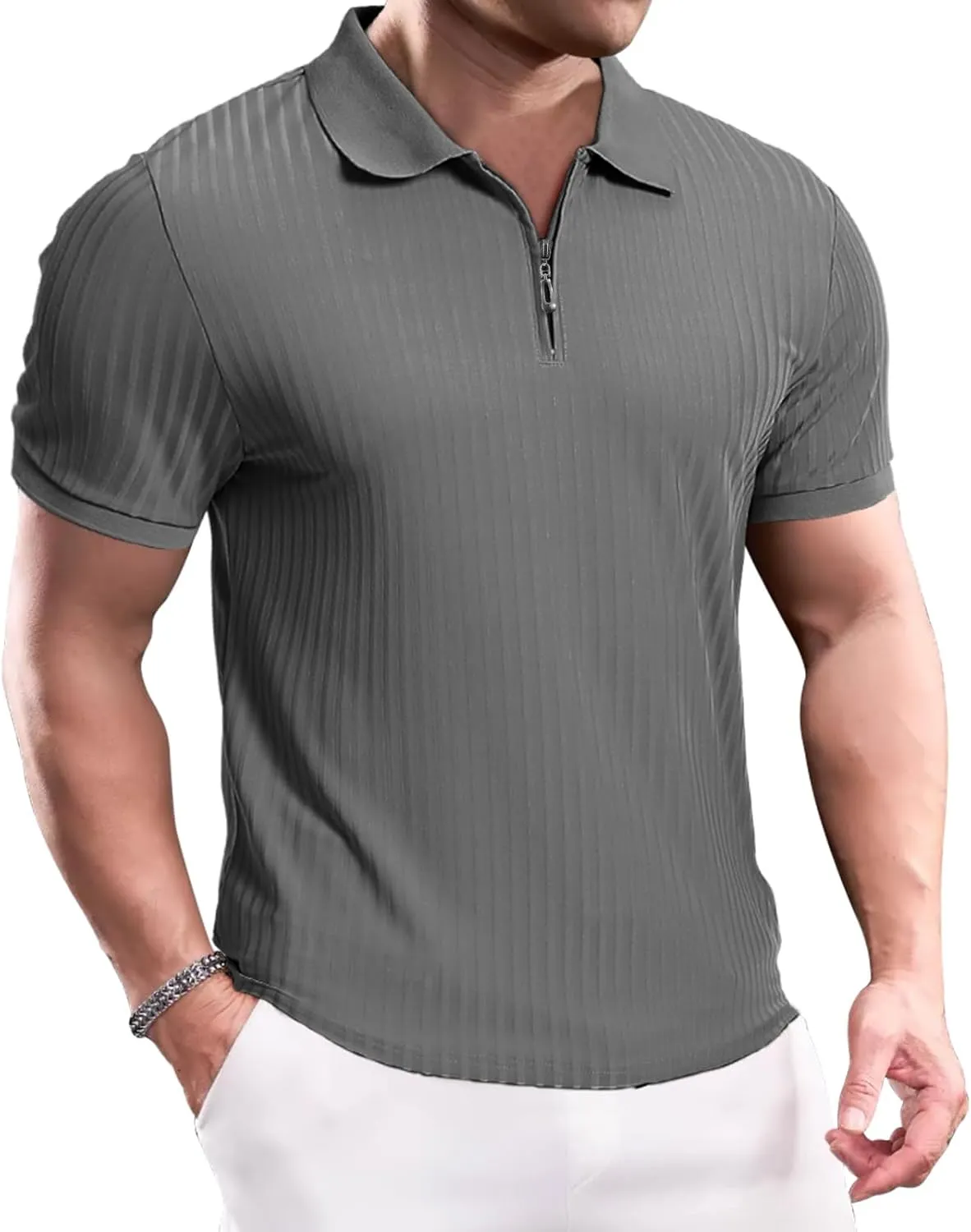 Muscle Polo Shirts for Men Slim Fit Textured Knit Polo Shirts Short Sleeve Mens Collared Shirts Casual Stylish