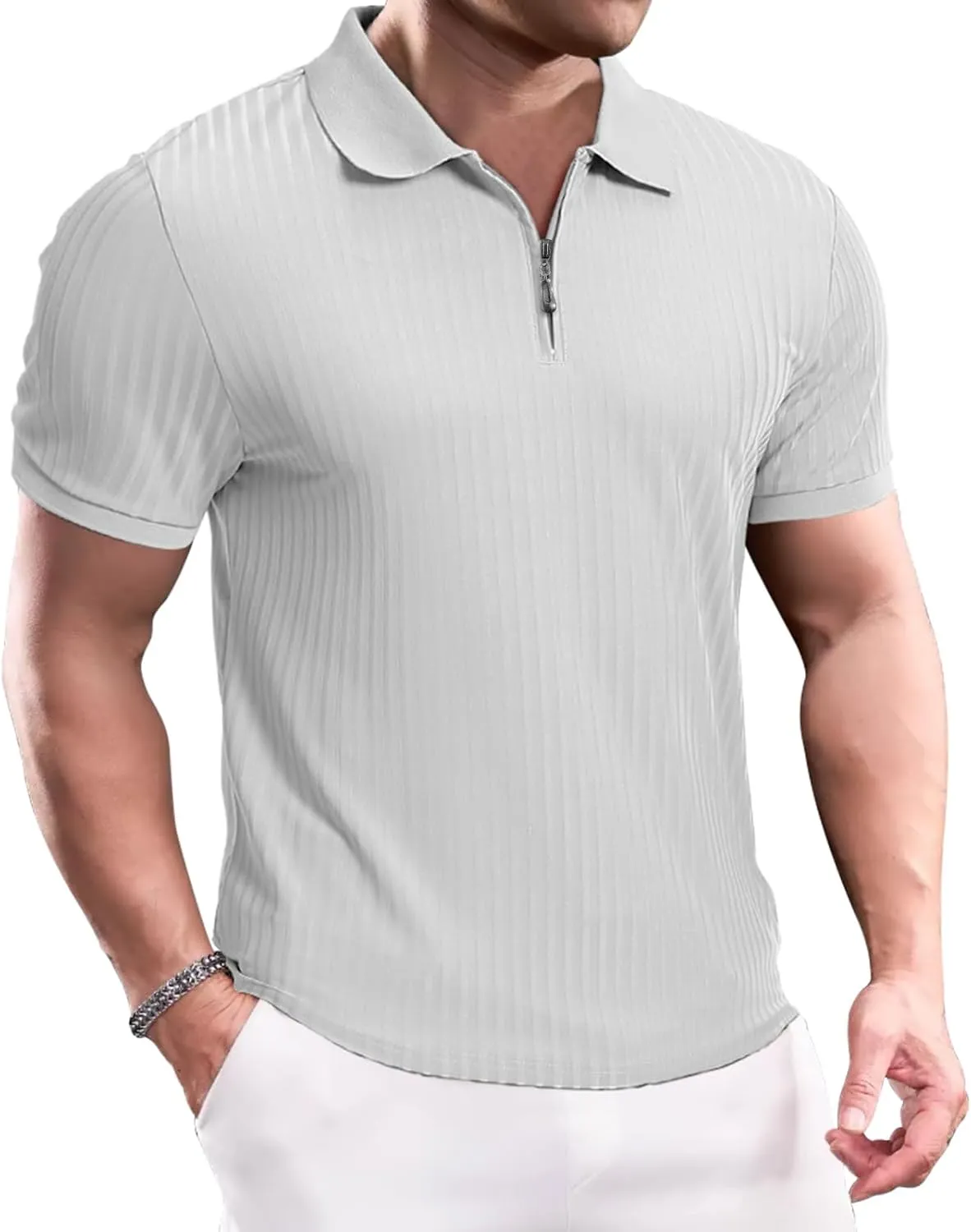 Muscle Polo Shirts for Men Slim Fit Textured Knit Polo Shirts Short Sleeve Mens Collared Shirts Casual Stylish