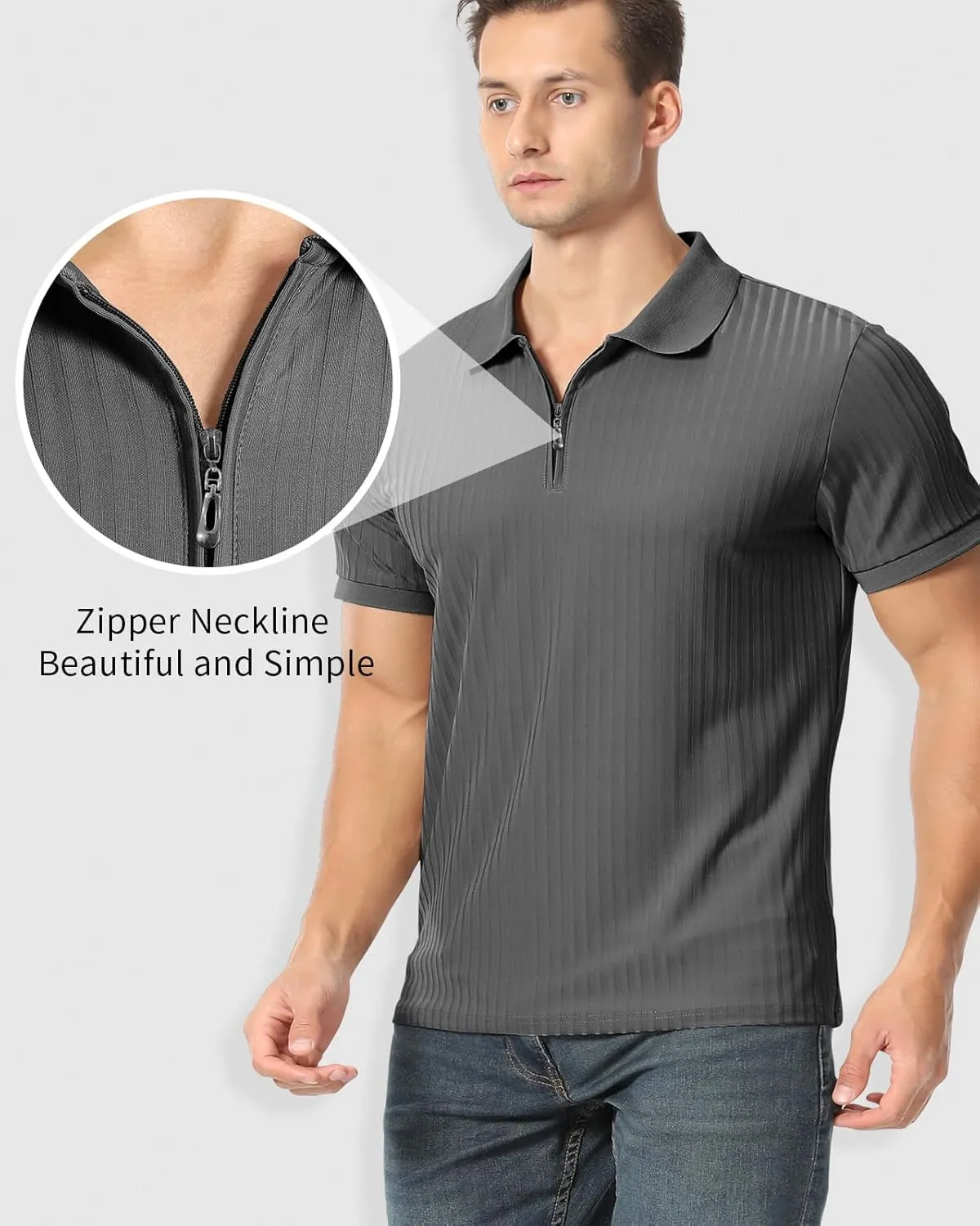 Muscle Polo Shirts for Men Slim Fit Textured Knit Polo Shirts Short Sleeve Mens Collared Shirts Casual Stylish