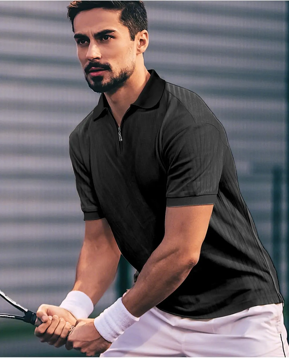 Muscle Polo Shirts for Men Slim Fit Textured Knit Polo Shirts Short Sleeve Mens Collared Shirts Casual Stylish